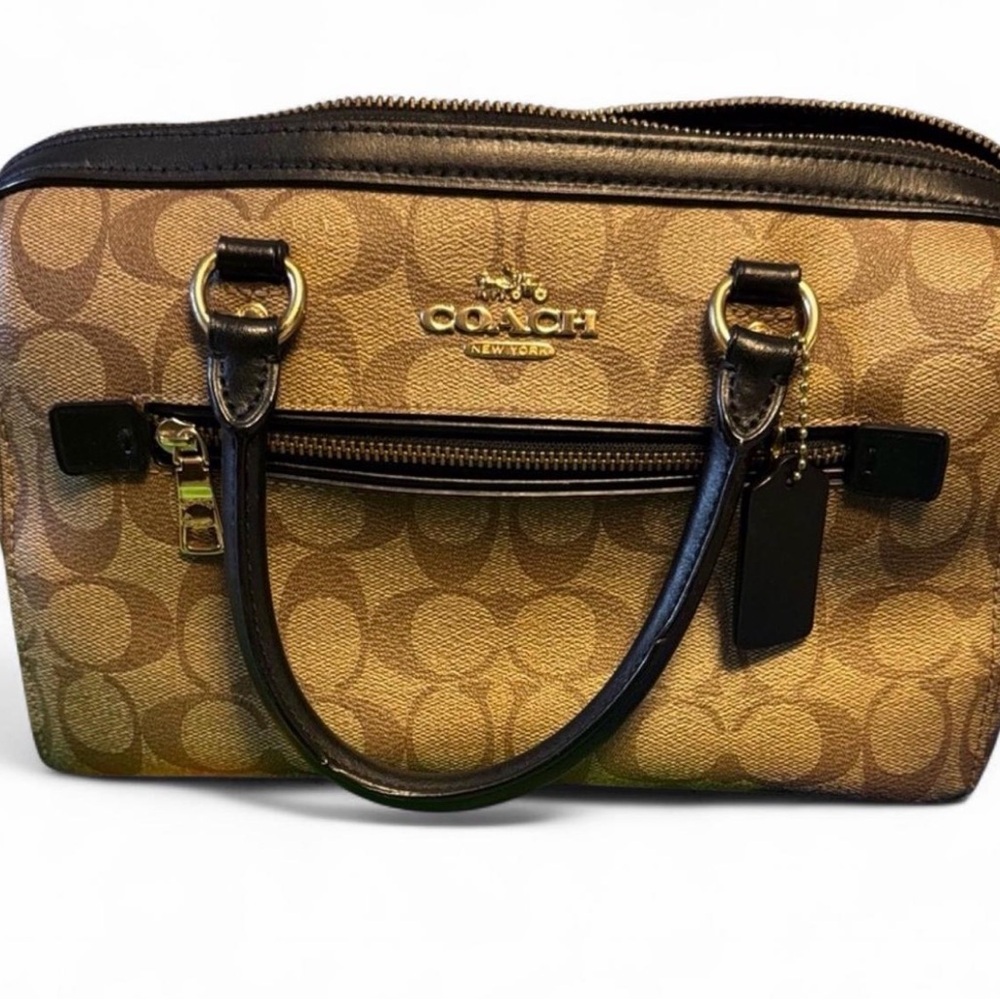 Coach small Rowan Signature Tan and Black Satchel